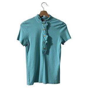 Tory Burch Lidia Polo Shirt Top Size Small Aqua Blue Ruffle Placket Pima Cotton